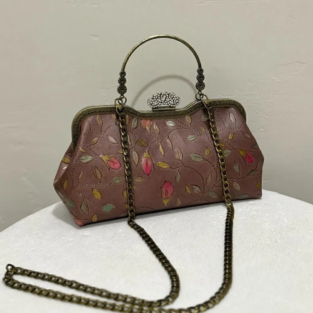Handmade Vintage Style Genuine Embossed Cowhide Crown Shade Closure Satchel